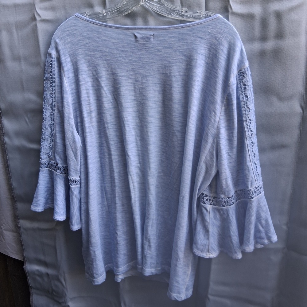 New Directions Women's Medium Bell Sleeve Top Crochet Trim Accents Light Blue - Picture 4 of 7